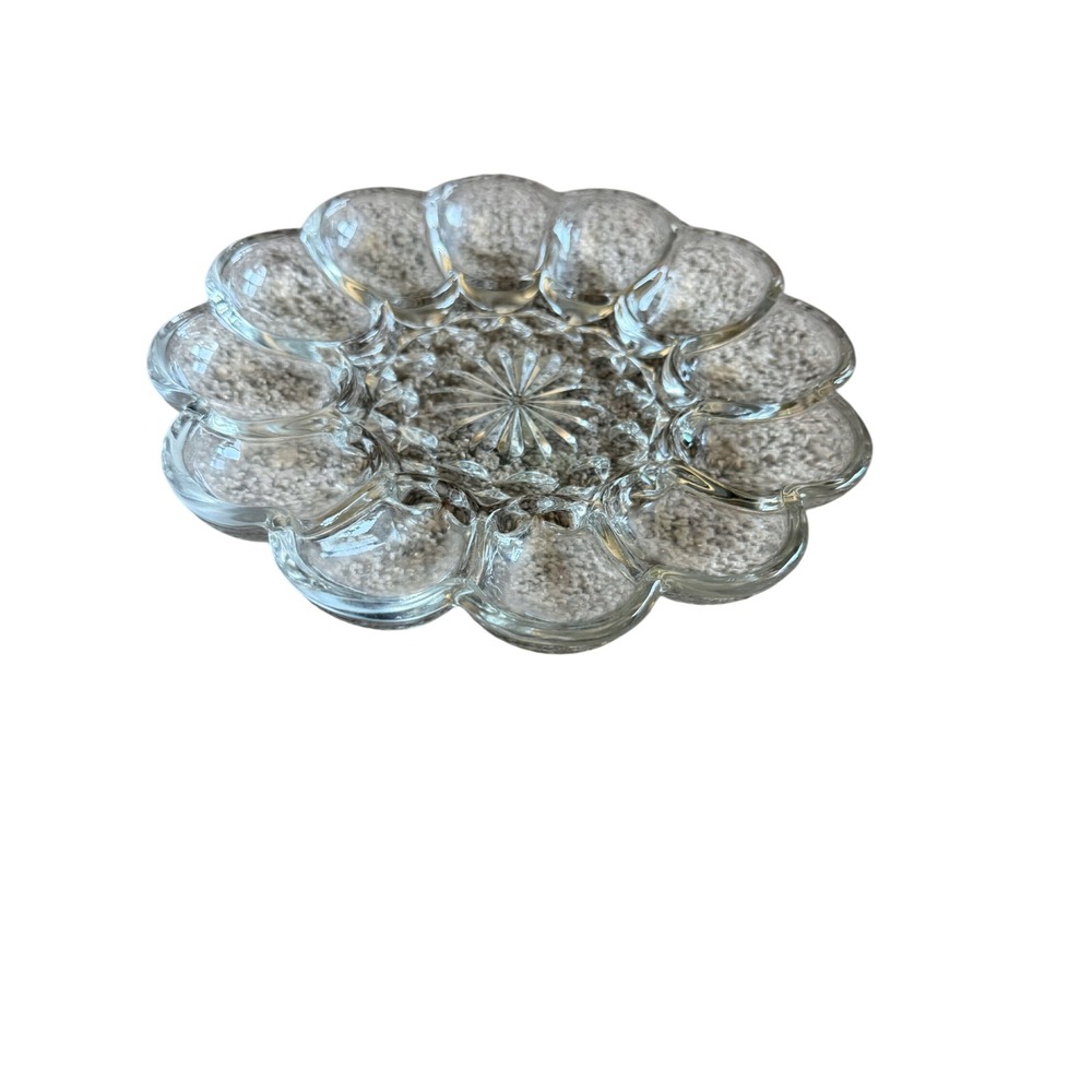 Vintage Clear Pressed Glass Deviled Egg Platter 12 Slot Round Starburst  9in